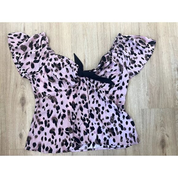 NWT Unique Vintage Retro Pink Leopard Print Scoopneck Blouse L - Picture 1 of 7